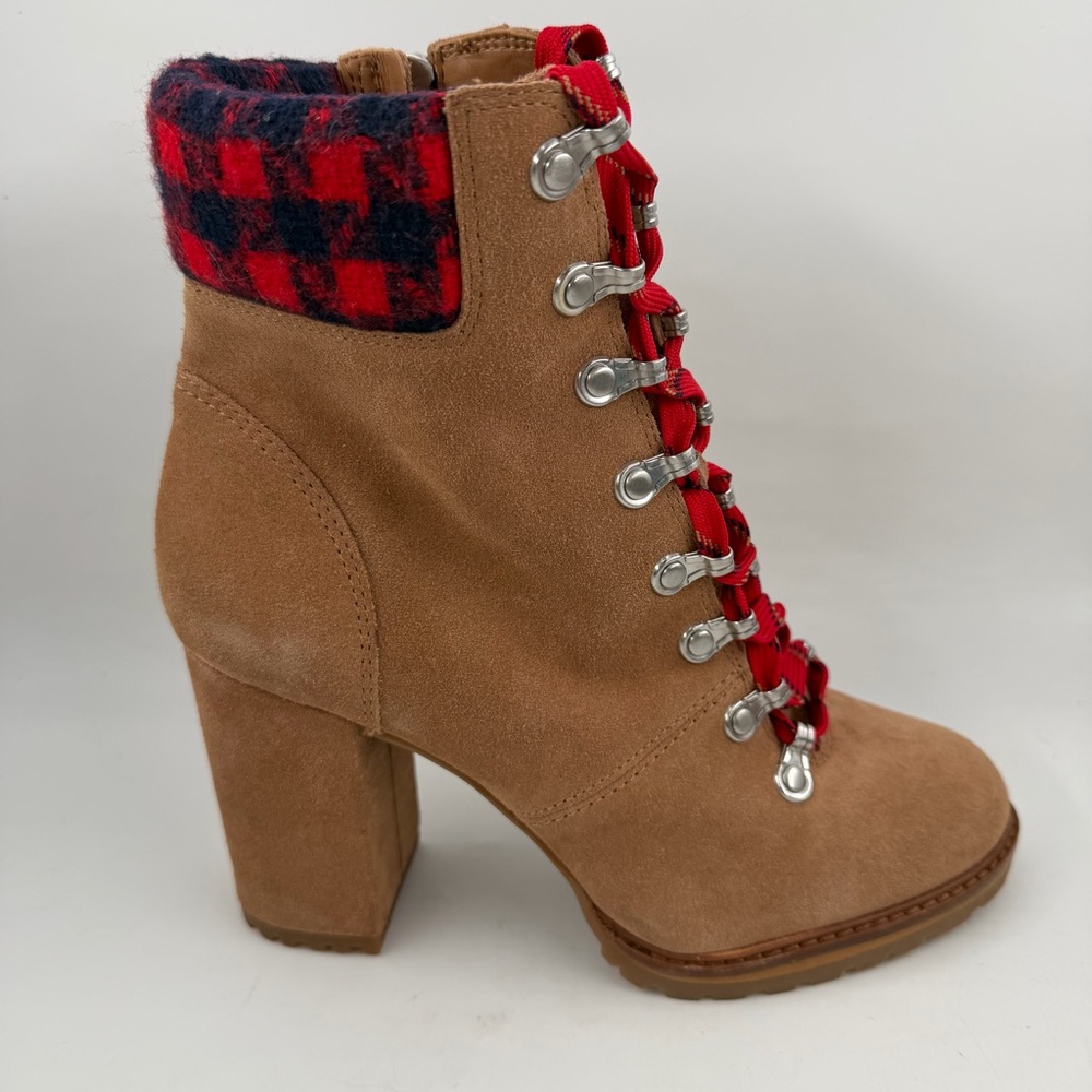 Gianni Bini Mapped Out -SZ 8.5- Tan Suede Plaid Print Collar Lug Sole Boots